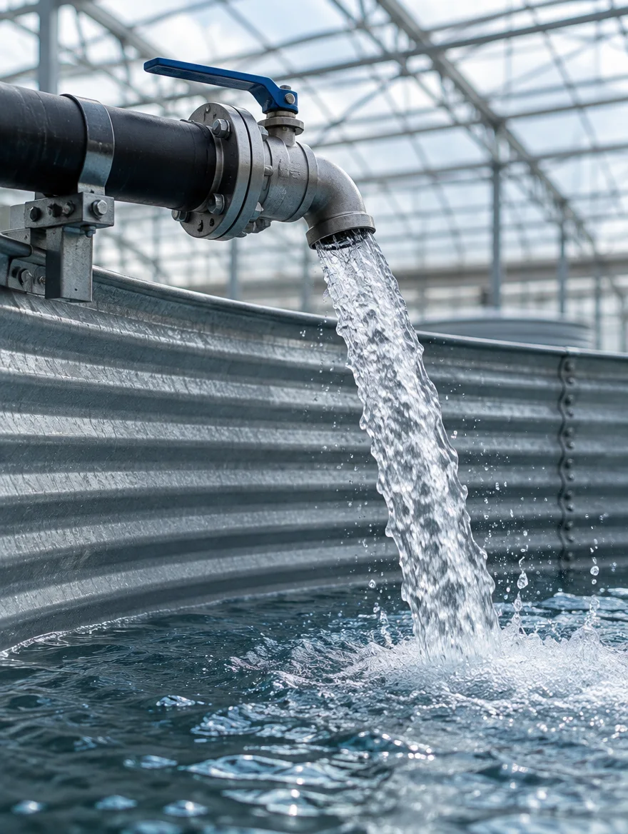 Water stroomt uit een zwarte leiding met afsluiter in een gegalvaniseerde tank in de kas
